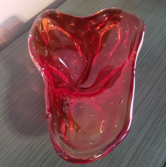Handblown Red Art Glass Mid-Century Modern Atomic Bubble Vintage Ashtray Decor - Picture 4 of 11